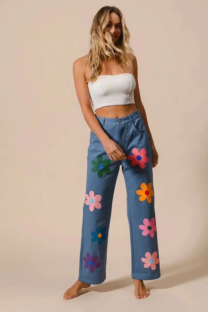 BiBi Flower Print Straight Legs Pants for Chic Style - Love Salve
